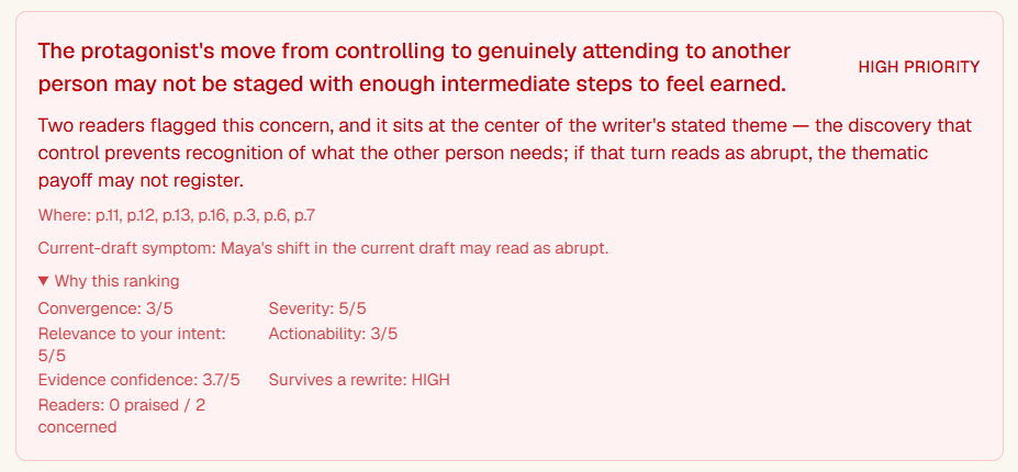 Real Siftiva output: the top revision priority from a sample project, with its rationale and script page references.
